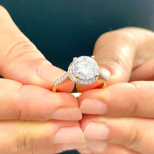 Large, Women's 14K Solid Rose Gold Round Cut Forever One Moissanite and Natural Diamond Engagement Ring Halo Prong 3.30ct