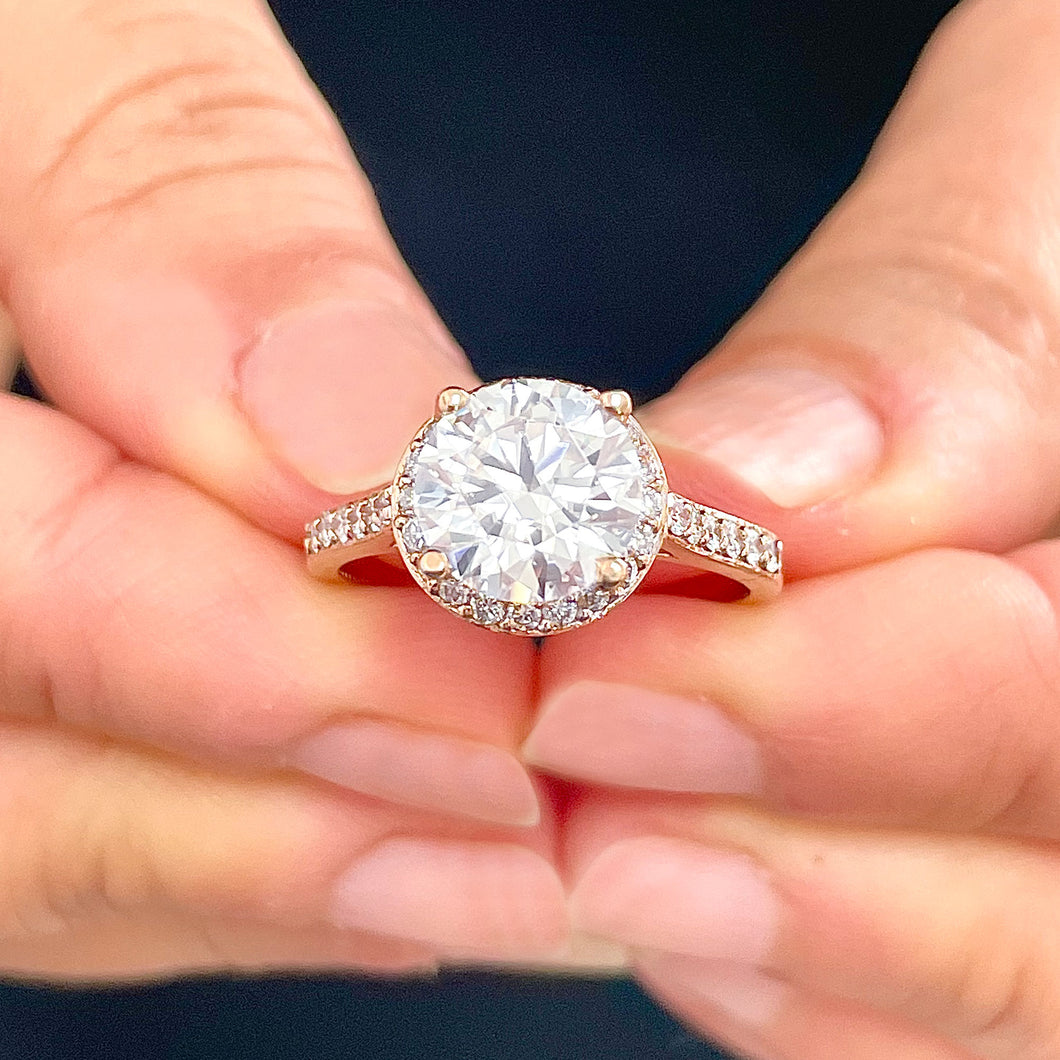 Large, Women's 14K Solid Rose Gold Round Cut Forever One Moissanite and Natural Diamond Engagement Ring Halo Prong 3.30ct