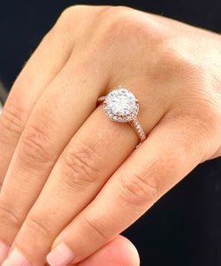 Large, Women's 14K Solid Rose Gold Round Cut Forever One Moissanite and Natural Diamond Engagement Ring Halo Prong 3.30ct