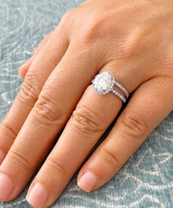 14k Solid White Gold Oval And Round Cut Natural Diamonds Engagement Ring And Band Halo Art Deco 1.95ct
