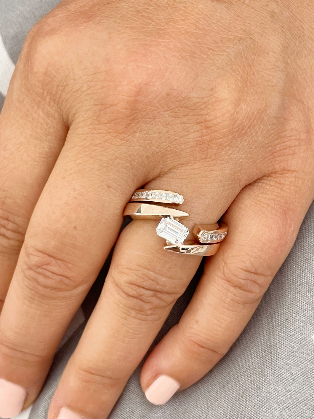 Beautiful 14k Solid And Heavy Rose Gold Emerald Cut Moissanite Engagement Ring Deco Bridal Semi Tension Set 2.00ctw