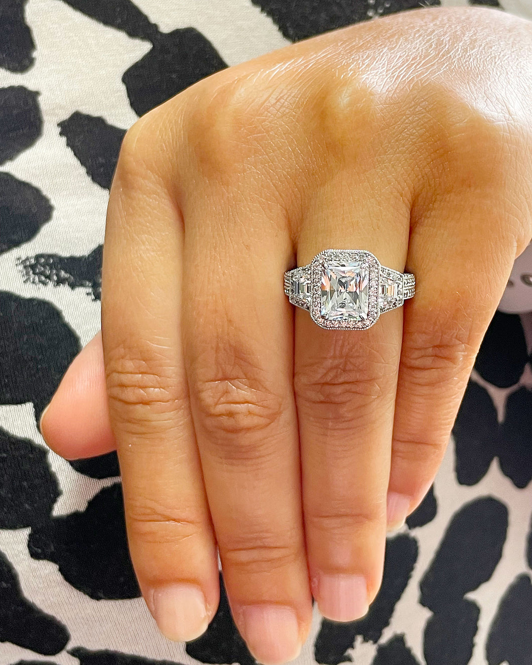 14k Solid White Gold Radiant Cut Moissanite And Round And Trapezoids Cut Natural Diamonds Engagement Ring 4.00ctw