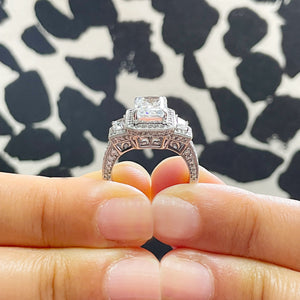 14k Solid White Gold Radiant Cut Moissanite And Round And Trapezoids Cut Natural Diamonds Engagement Ring 4.00ctw