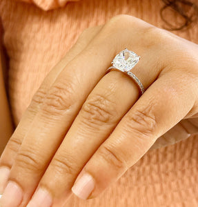 14K Solid Rose Gold Cushion Cut Forever One Moissanite And Round Cut Natural Diamonds Engagement Ring, Four prong, Solitaire 5.00ctw