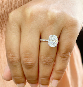 14K Solid Rose Gold Cushion Cut Forever One Moissanite And Round Cut Natural Diamonds Engagement Ring, Four prong, Solitaire 5.00ctw