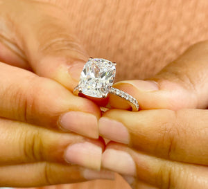14K Solid Rose Gold Cushion Cut Forever One Moissanite And Round Cut Natural Diamonds Engagement Ring, Four prong, Solitaire 5.00ctw