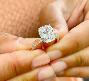 14K Solid Rose Gold Cushion Cut Forever One Moissanite And Round Cut Natural Diamonds Engagement Ring, Four prong, Solitaire 5.00ctw