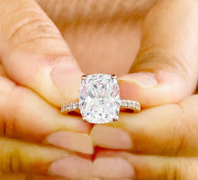 Load image into Gallery viewer, 14K Solid Rose Gold Cushion Cut Forever One Moissanite And Round Cut Natural Diamonds Engagement Ring, Four prong, Solitaire 5.00ctw
