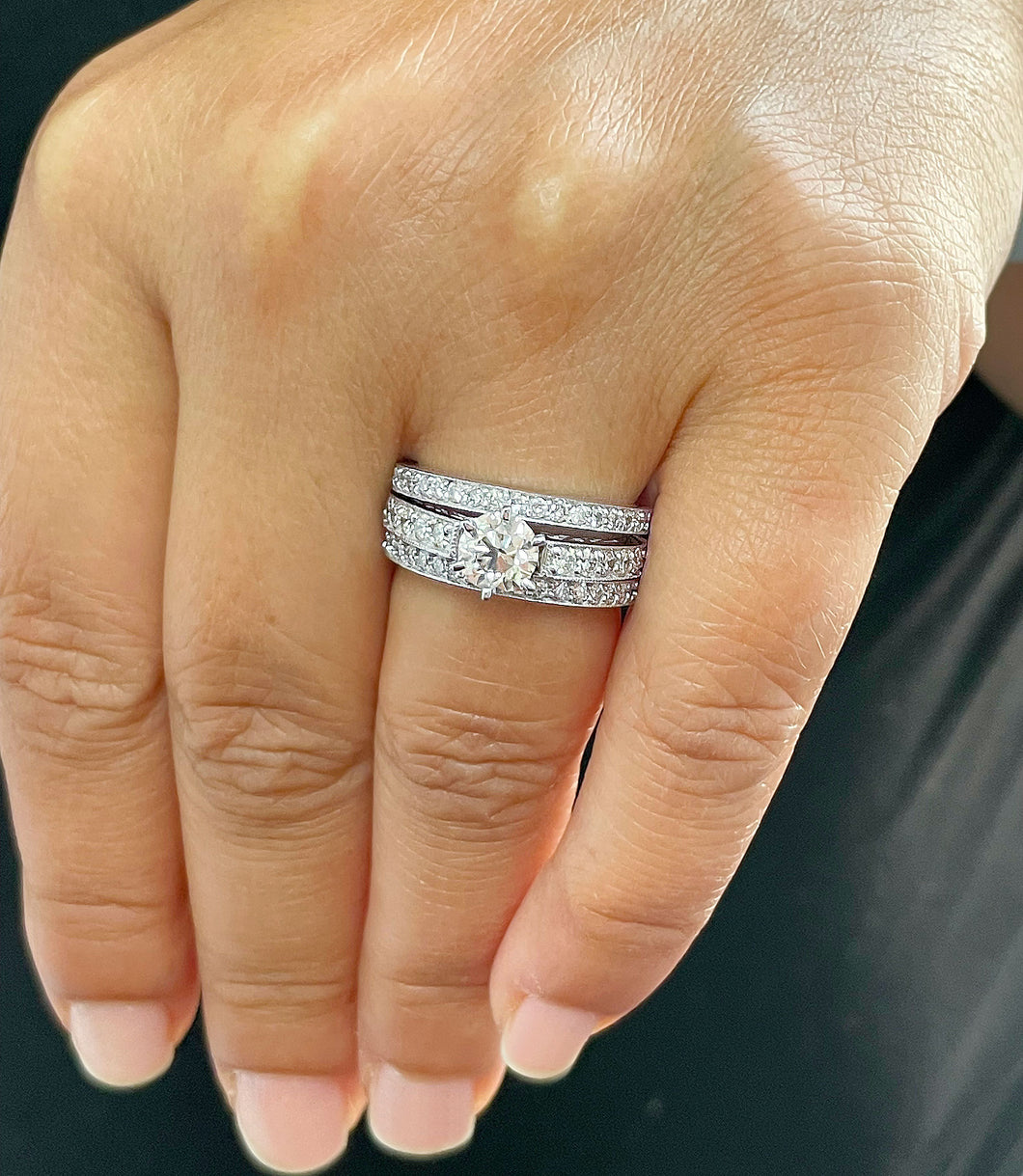 14K Solid White Gold Round Cut Natural Diamond Engagement Ring And Two Bands Wedding Set 1.70ctw