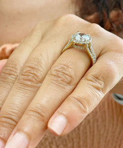 Beautiful 14k Solid Yellow Gold Round Forever One Moissanite And Natural Diamond Engagement Ring Halo Prong Set Triple Shank 3.80ctw