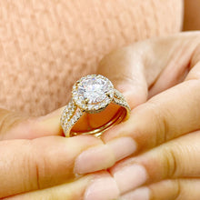 Load image into Gallery viewer, Beautiful 14k Solid Yellow Gold Round Forever One Moissanite And Natural Diamond Engagement Ring Halo Prong Set Triple Shank 3.80ctw
