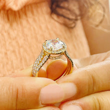Load image into Gallery viewer, Beautiful 14k Solid Yellow Gold Round Forever One Moissanite And Natural Diamond Engagement Ring Halo Prong Set Triple Shank 3.80ctw
