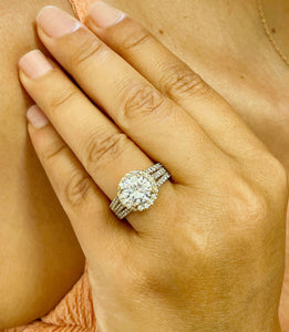 Beautiful 14k Solid Yellow Gold Round Forever One Moissanite And Natural Diamond Engagement Ring Halo Prong Set Triple Shank 3.80ctw