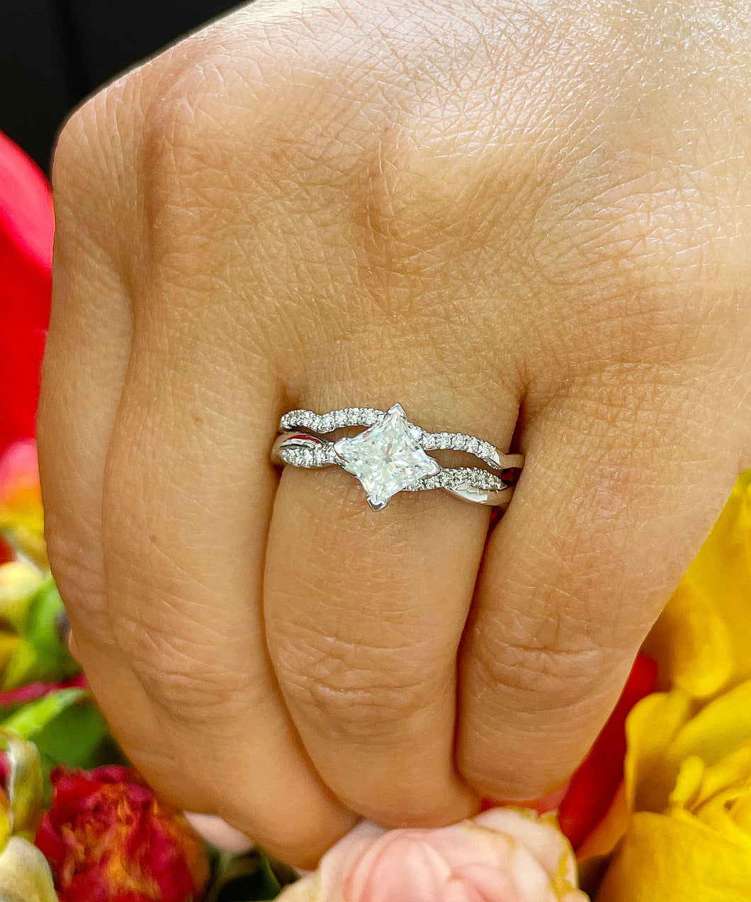 14K Solid White Gold Princess Cut Forever One Moissanite And Natural Diamond Engagement Ring And Band Set, Anniversary, Wedding Deco  1.35ct