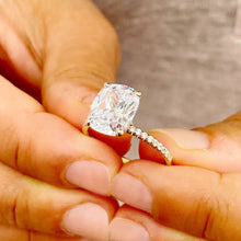 Load image into Gallery viewer, 14K Solid Yellow Gold Cushion Cut Forever One Moissanite And Round Cut Natural Diamonds Engagement Ring, Four prong, Solitaire 5.00ctw
