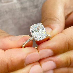 14K Solid Yellow Gold Cushion Cut Forever One Moissanite And Round Cut Natural Diamonds Engagement Ring, Four prong, Solitaire 5.00ctw