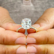 Load image into Gallery viewer, 14K Solid Yellow Gold Cushion Cut Forever One Moissanite And Round Cut Natural Diamonds Engagement Ring, Four prong, Solitaire 5.00ctw
