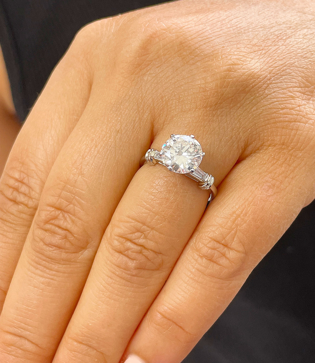 14K White Gold Round Moissanite And Baguettes Cut Natural Diamonds Engagement Ring 2.24ctw