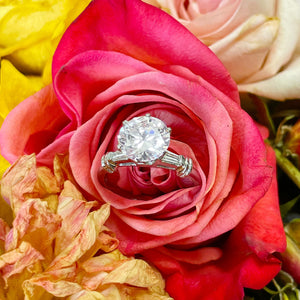14K White Gold Round Forever One Moissanite And Baguettes Cut Natural Diamonds Engagement Ring 2.24ctw