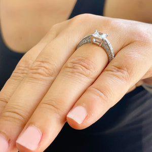 14K Solid White Gold Princess Cut Forever One Moissanite and Natural Round Cut Diamonds Engagement Ring Deco bridal, wedding 2.40ctw