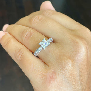 14K Solid White Gold Princess Cut Forever One Moissanite and Natural Round Cut Diamonds Engagement Ring Deco bridal, wedding 2.40ctw