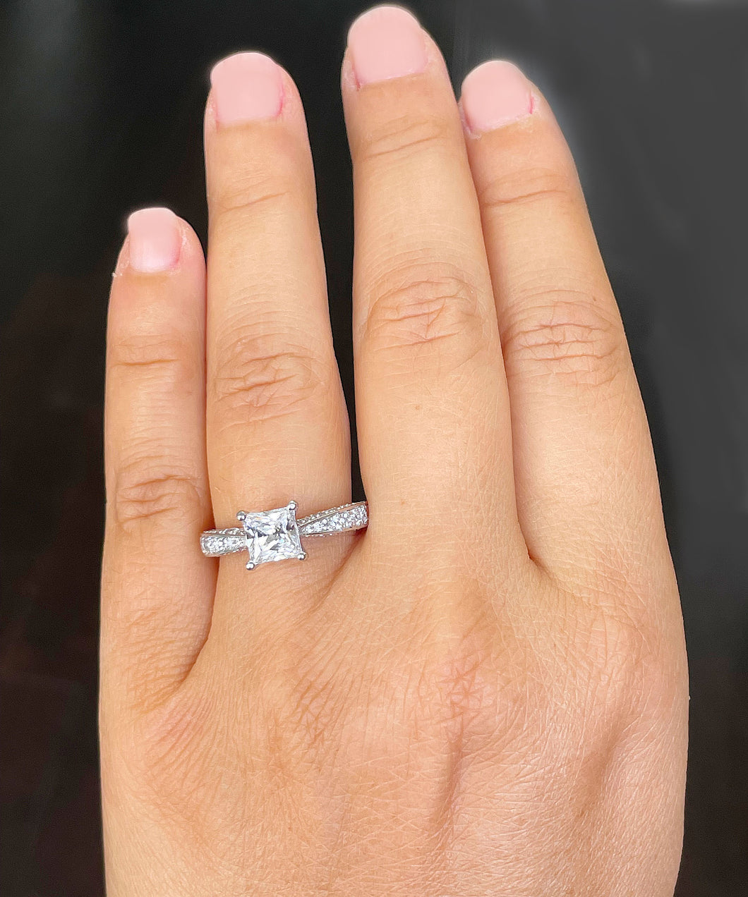 14K Solid White Gold Princess Cut Moissanite and Natural Round Cut Diamonds Engagement Ring Deco bridal, wedding 2.40ctw