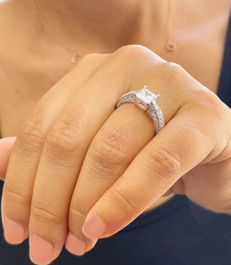 14K Solid White Gold Princess Cut Forever One Moissanite and Natural Round Cut Diamonds Engagement Ring Deco bridal, wedding 2.40ctw