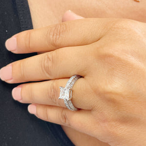 14K Solid White Gold Princess Cut Forever One Moissanite and Natural Round Cut Diamonds Engagement Ring Deco bridal, wedding 2.40ctw