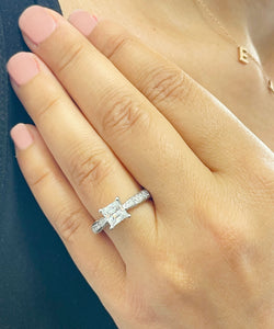14K Solid White Gold Princess Cut Forever One Moissanite and Natural Round Cut Diamonds Engagement Ring Deco bridal, wedding 2.40ctw