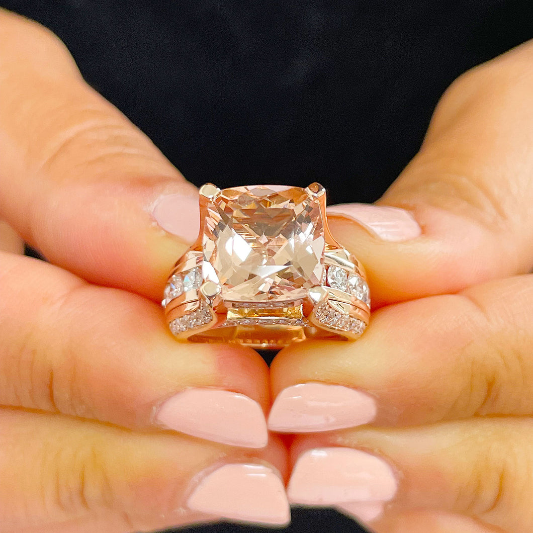 14K Solid Rose Gold Cushion Cut Natural Peach Morganite and Round cut Natural Diamonds Engagement Ring Bridal Wedding 6.50ctw
