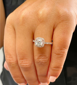 14k Solid Rose Gold Cushion Cut and Round Cut Natural Diamond Engagement Ring Halo Bridal Prong Set 1.60ctw