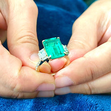 Load image into Gallery viewer, Big 14k solid yellow gold green emerald and round and emerald cut simulated diamond engagement ring bridal, wedding, promise 5.50ctw
