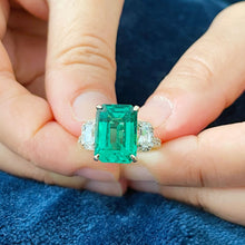 Load image into Gallery viewer, Big 14k solid yellow gold green emerald and round and emerald cut simulated diamond engagement ring bridal, wedding, promise 5.50ctw

