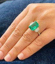 Load image into Gallery viewer, Big 14k solid yellow gold green emerald and round and emerald cut simulated diamond engagement ring bridal, wedding, promise 5.50ctw
