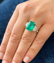 Load image into Gallery viewer, Big 14k solid yellow gold green emerald and round and emerald cut simulated diamond engagement ring bridal, wedding, promise 5.50ctw

