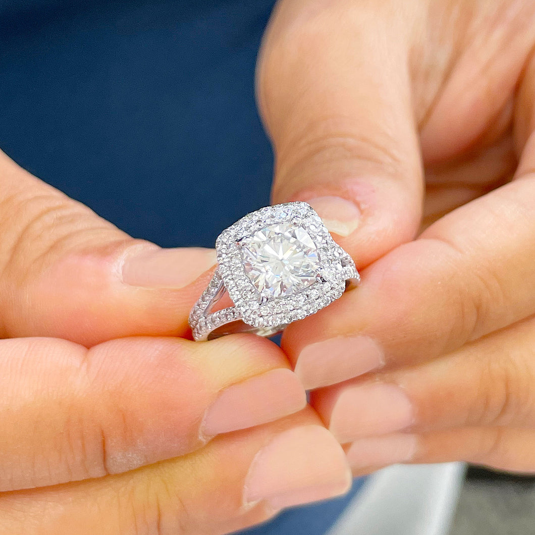 14k Solid White Gold Cushion Cut Forever One Moissanite and Round Cut Natural Diamond Engagement Ring Double Halo, Split Shank 3.40ctw