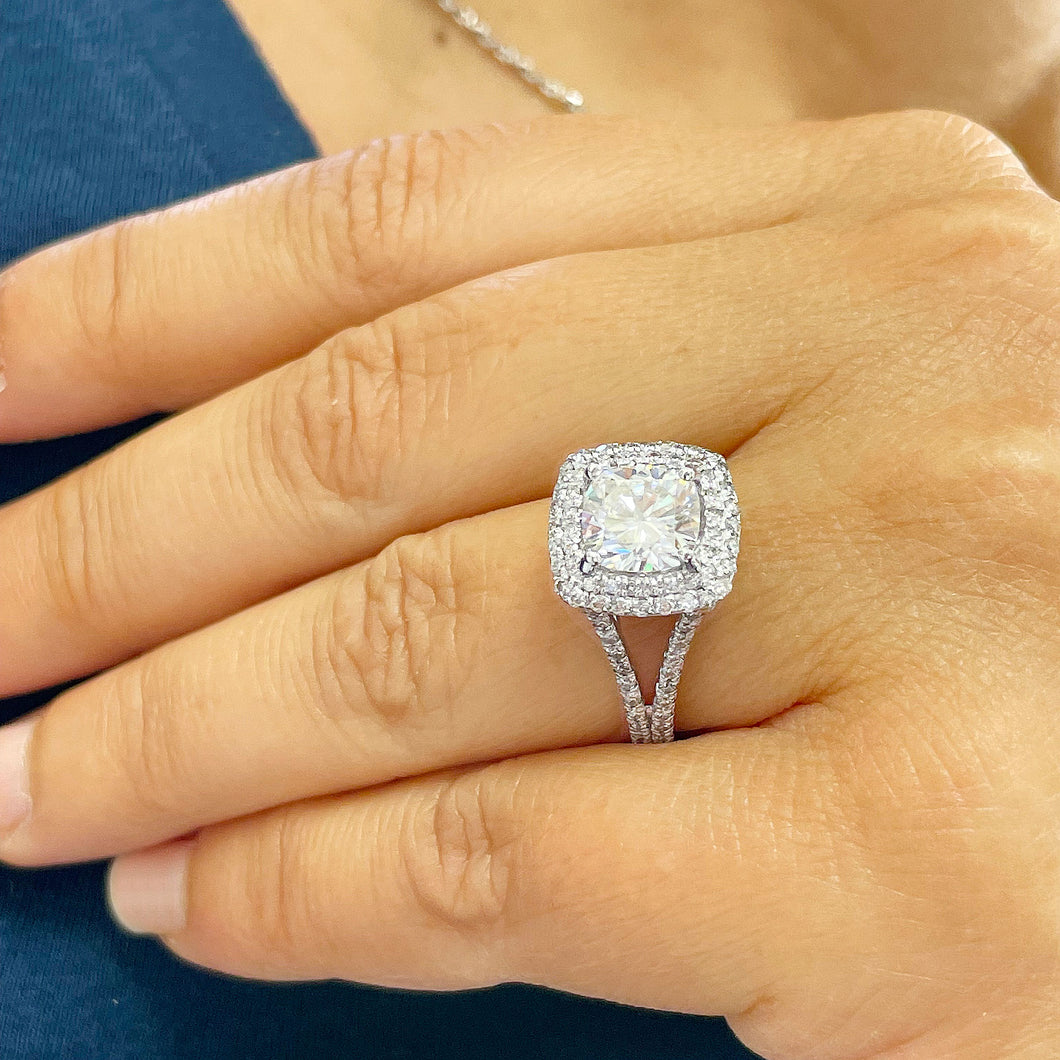 14k Solid White Gold Cushion Cut Moissanite and Round Cut Natural Diamond Engagement Ring Double Halo, Split Shank 3.40ctw