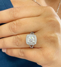 Load image into Gallery viewer, 14k Solid White Gold Cushion Cut Moissanite and Round Cut Natural Diamond Engagement Ring Double Halo, Split Shank 3.40ctw

