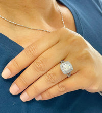 Load image into Gallery viewer, 14k Solid White Gold Cushion Cut Moissanite and Round Cut Natural Diamond Engagement Ring Double Halo, Split Shank 3.40ctw
