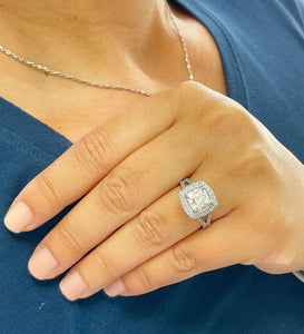 14k Solid White Gold Cushion And Round Cut Natural Diamond Engagement Ring Double Halo, Bridal, Wedding Split Shank 2.50ctw