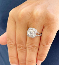 Load image into Gallery viewer, 14k Solid White Gold Cushion Cut Moissanite and Round Cut Natural Diamond Engagement Ring Double Halo, Split Shank 3.40ctw
