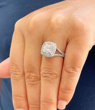Load image into Gallery viewer, 14k Solid White Gold Cushion Cut Forever One Moissanite and Round Cut Natural Diamond Engagement Ring Double Halo, Split Shank 3.40ctw
