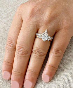 14K Solid Yellow Gold Asscher Cut Moissanite And Pear and Round Cut Natural Diamonds Engagement Ring And Band Set 2.50ctw