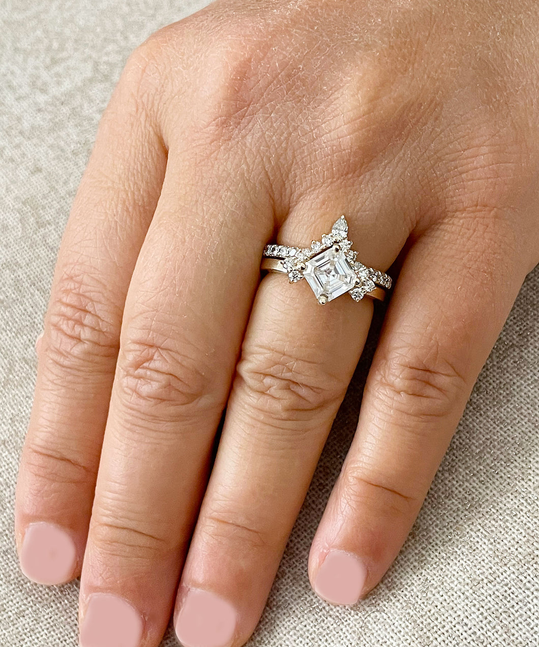 14K Solid Yellow Gold Asscher Cut Moissanite And Pear and Round Cut Natural Diamonds Engagement Ring And Band Set 2.50ctw