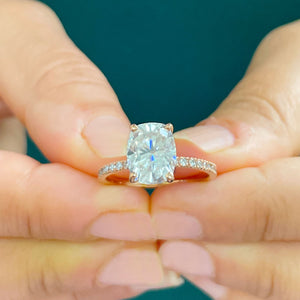 14K Solid Rose Gold Cushion Cut Moissanite And Round Cut Natural Diamonds Engagement Ring, Four prong, Solitaire 3.75ctw