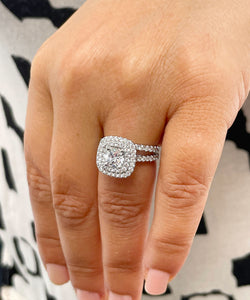 14K Solid White Gold Cushion Cut Simulated Diamond Engagement Ring And Band Bridal Set Wedding Set Double Halo Propose 2.00