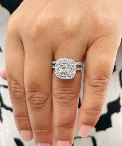 14K Solid White Gold Cushion Cut Simulated Diamond Engagement Ring And Band Bridal Set Wedding Set Double Halo Propose 2.00