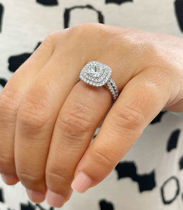14K Solid White Gold Cushion Cut Simulated Diamond Engagement Ring And Band Bridal Set Wedding Set Double Halo Propose 2.00