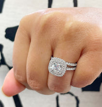 Load image into Gallery viewer, 14K Solid White Gold Cushion Cut Simulated Diamond Engagement Ring And Band Bridal Set Wedding Set Double Halo Propose 2.00
