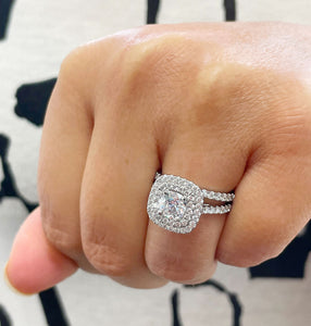 14K Solid White Gold Cushion Cut Moissanite and Natural Diamond Engagement Ring And Band Bridal Wedding Set Double Halo 1.95ctw